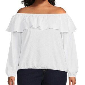 Michael Kors Off The Shoulder Top Women's Size 0X White Ruffled Seersucker